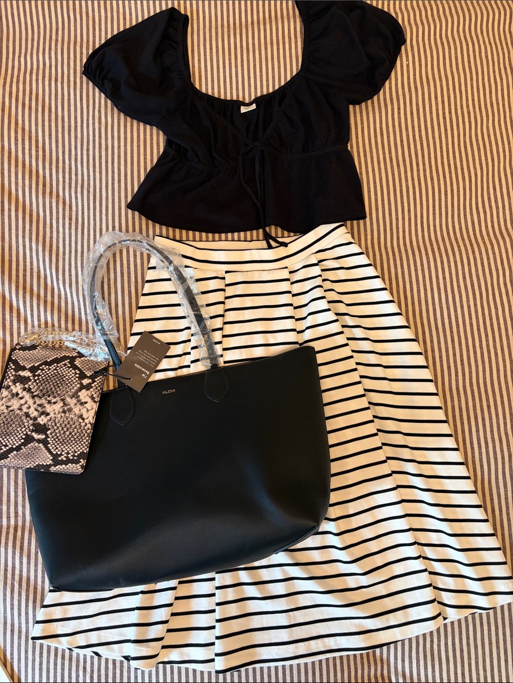 B&W Bundle - Black Aritzia Top, Striped Midi Skirt, Aldo Reversible Tote (Small)